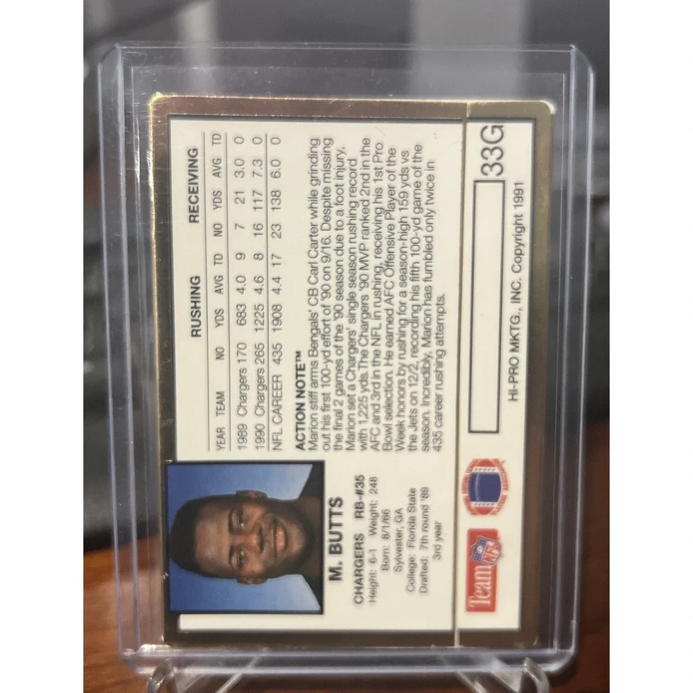 1991 Hi-Pro 24Kt Gold ACTION PACKED Football, Marion Butts #33G